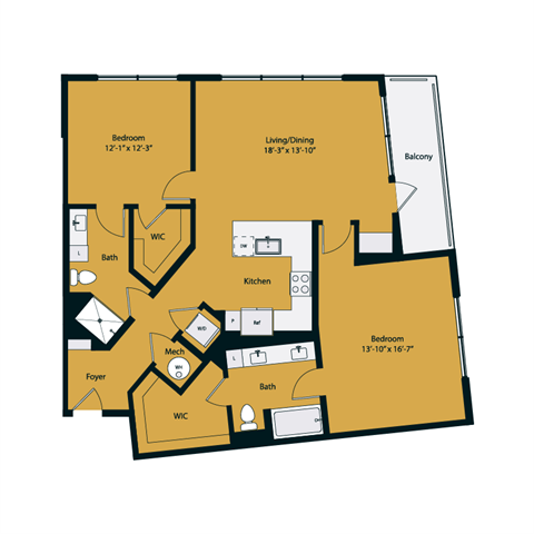 Floor plan for 2 beds, 2 baths, 1277 sqft
